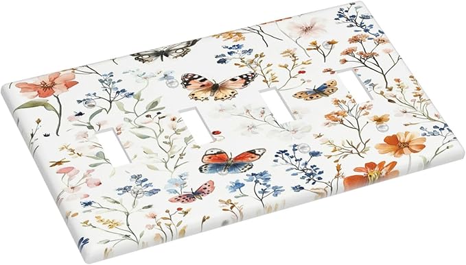Light Switch Covers Vintage Wildflowers Plants Floral Quad Toggle Electrical Faceplate 4 Gang Wall Plate Decorative Switch Plates For Bed Room Living Room Decor