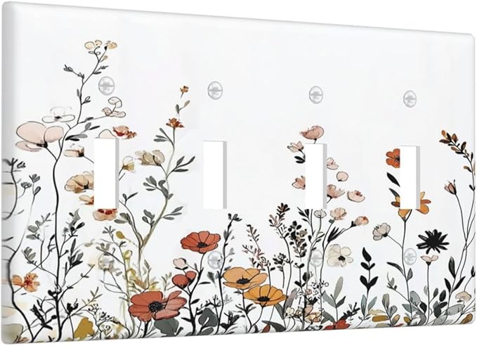 Light Switch Covers Vintage Wildflower Colorful Plants Floral Quad Toggle Electrical Faceplate 4 Gang Wall Plate Decorative Switch Plates For Bed Room Living Room Decor