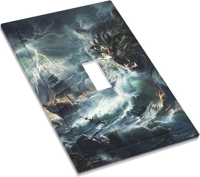 Light Switch Cover Plate funny Cat Stormy sea Lightning Sailboats 1 Gang Single Toggle Decorative Switch Plates Wall Plates Electrical Faceplate for Bathroom Kid Room Decor