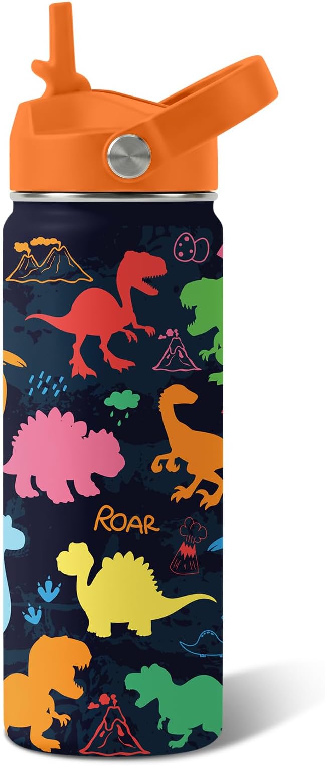 Dinosaur Gifts for Kids - 18oz Colorful Dino Water Bottle with Straw Lid, Stainless Steel Insulated Tumbler, Leakproof, BPA-Free, for Boys & Girls, School, Travel - Dino Lovers Birthday Gift Cup (1pc)