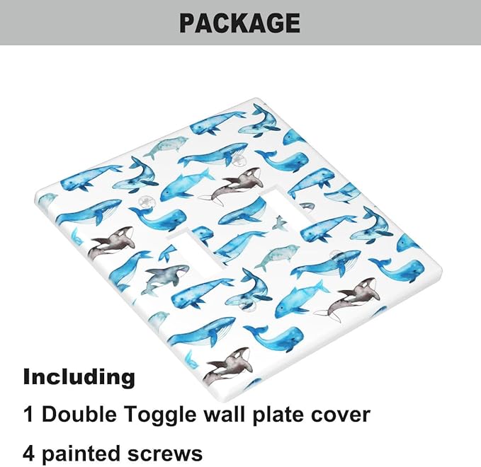 Whale Double Toggle Light Switch Cover, Blue Ocean Sea Whales Coastal 2-Gang Wall Plate, Decorative Electrical Switchplate for Bathroom Bedroom Nautical Home Decor