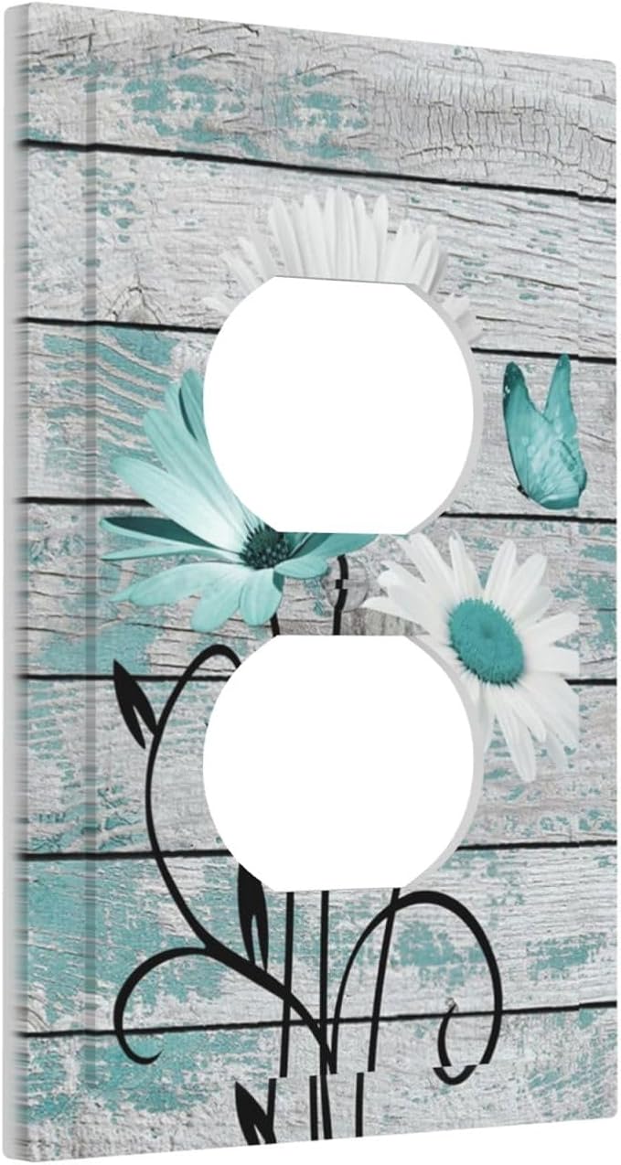 Teal White Daisy Flower Butterfly On Rustic Wood Board Outlet Covers 1 Gang Duplex Light Switch Cover Decorative Switch Plates Electrical Receptacle Faceplate Wall Plate for Farmhouse Bedroom Decor