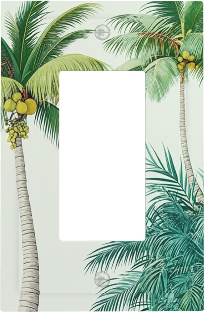 Tropical Palm Tree & Paradise Leaves Single Rocker Switch Cover - 1-Gang Standard US Size Island Vacation Vibes Light Switch Covers for Living Room Decor