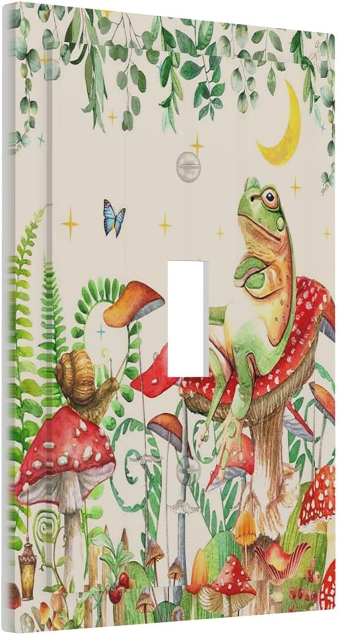 Decorative Light Switch Cover Boho Mushrooms Frogs Butterflies Flowers Moon Stars 1 Gang Single Toggle Decorator Outlet Wall Plate Device Electrical Faceplate Switchplates for Kids room