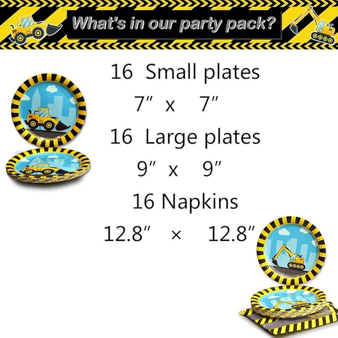 WERNNSAI Construction Party Supplies - Disposable Dump Truck Themed Tableware Set for Boys Kids Birthday Dinner Dessert Plates and Napkins Serves 16 Guests 48PCS
