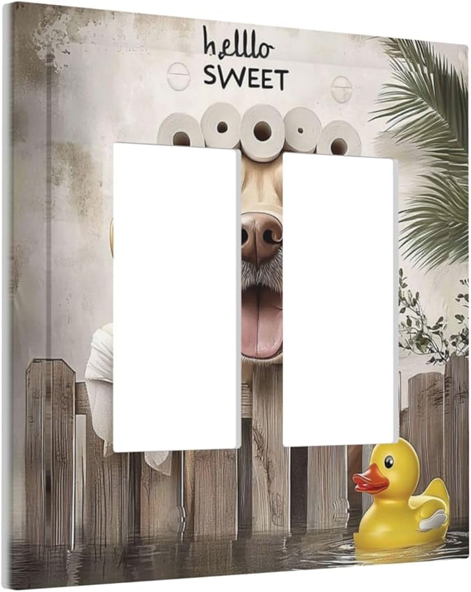 Funny Dog Rustic Farmhouse Wooden Fence Labrador Decorative Outlet Covers 2 Gang Double Gfci Rocker Electrical Wall Panels Light Switch Cover Plate For Kids Room Bathroom Decor