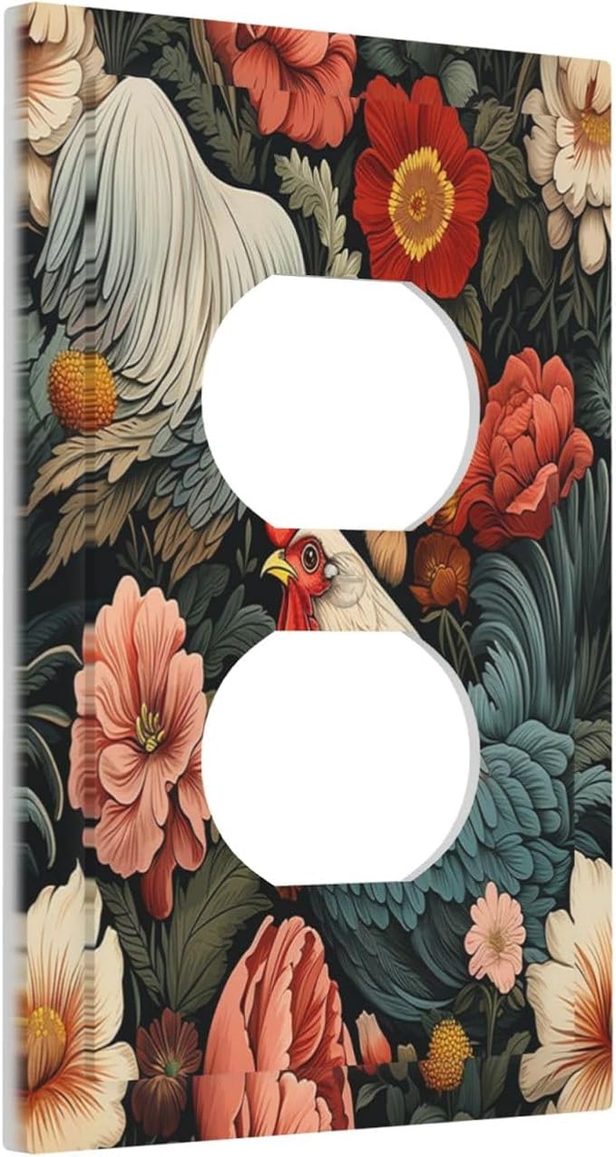 Outlet Covers Rooster Flowers Red White Chicken Floral 1 Gang Duplex Wall Plate Decorative Switch Plates Electrical Receptacle Faceplate Light Switch Cover for living Room Farmhouse Decor