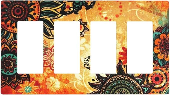 Red Orange Boho Bohemian Flower Floral 4 Gang Quad Rocker Light Switch Cover Decorative Quadruple Device GFCI/Decorator Wall Plate Electric Faceplate Screwless