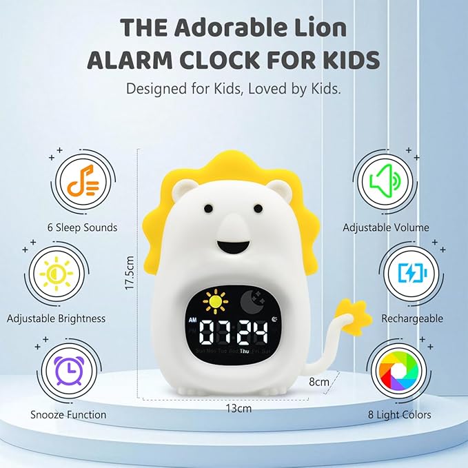 Alarm Clocks for Kids Toddler Alarm Clock Silicone Night Light with 6 White Noise Sound Machine Rechargeable Soft Sleep Training Alarm with 8 Colors Night Light Perfect Clock Gift for Kids Boys Girls