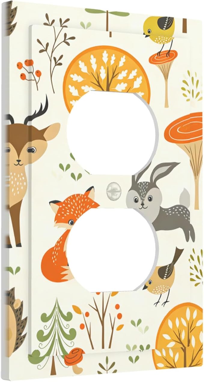 Cute Woodland Animals Duplex Wall Plate - 1-Gang Standard US Size Forest Pattern Trees Mushrooms and Berries Outlet Covers for Boys & Girls Room Decor
