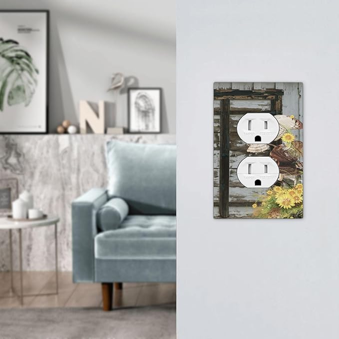 Vintage Brown Blue Old Wooden Door 1 Gang Duplex Outlet Covers Light Switch Cover Decorative Electrical Switchplate Antique Barn Door with Owls Sunflower Faceplate for Bathroom Bedroom Home Decor