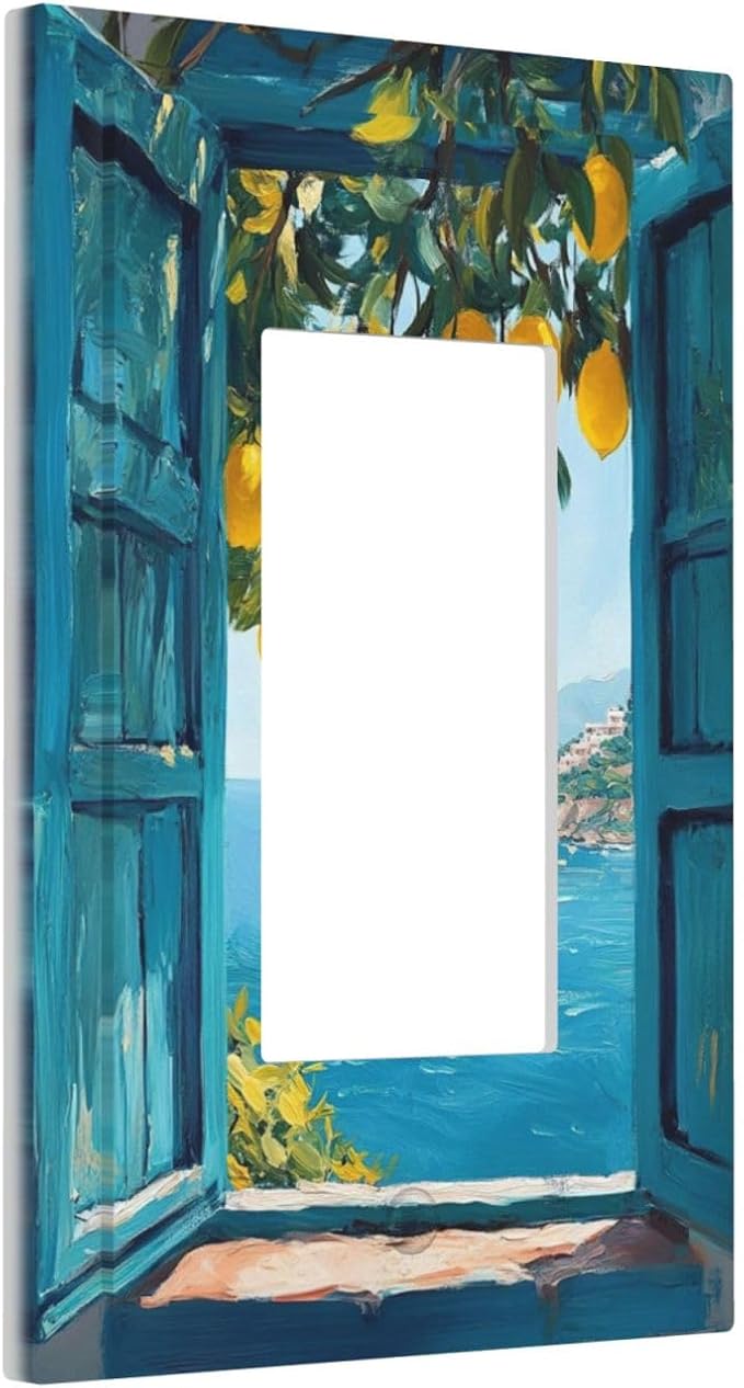 Window View Coastal Lemon Tree Mediterranean Landscape Decorative Outlet Covers 1 Gang Single Rocker Light Switch Cover Plate Wall Plates GFCI Faceplate for Bedroom Living Room Decor