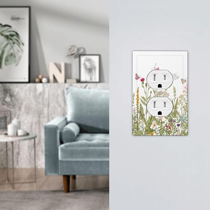 Colorful Butterfly Floral Plants Flower Vine Outlet Covers 1 Gang Duplex Light Switch Cover Decorative Switch Plates Electrical Receptacle Faceplate Wall Plate for Bed Room Living Room Decor
