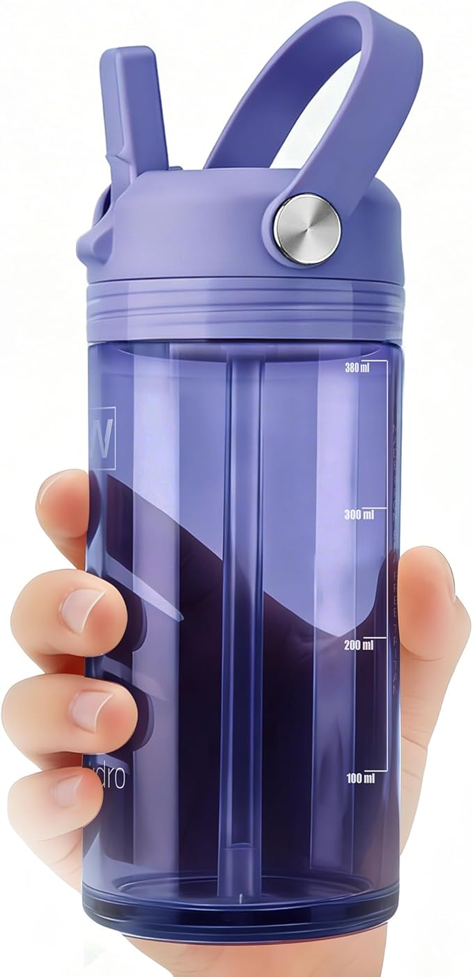 12oz Kids Water Bottle, BPA Free Thick Tritan Plastic Reusable, Clear Water Bottle with Straw, Leakproof Lid, Dishwasher Safe, Boy girl for School,Travel Purple