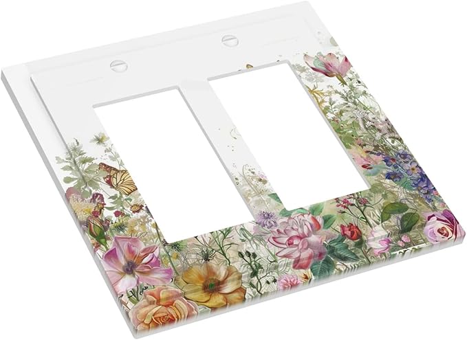 Decorative Outlet Covers Boho Wildflower Colorful Floral Butterfly 2 Gang Double Gfci Rocker Electrical Wall Panels Light Switch Cover Plate For Bed Room Living Room Decor