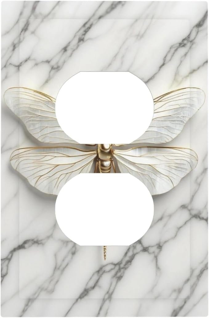 White Gold Marble Dragonfly Abstract Modern Outlet Covers 1 Gang Duplex Light Switch Cover Decorative Switch Plates Electrical Receptacle Faceplate Wall Plate for Bathroom Home Decor