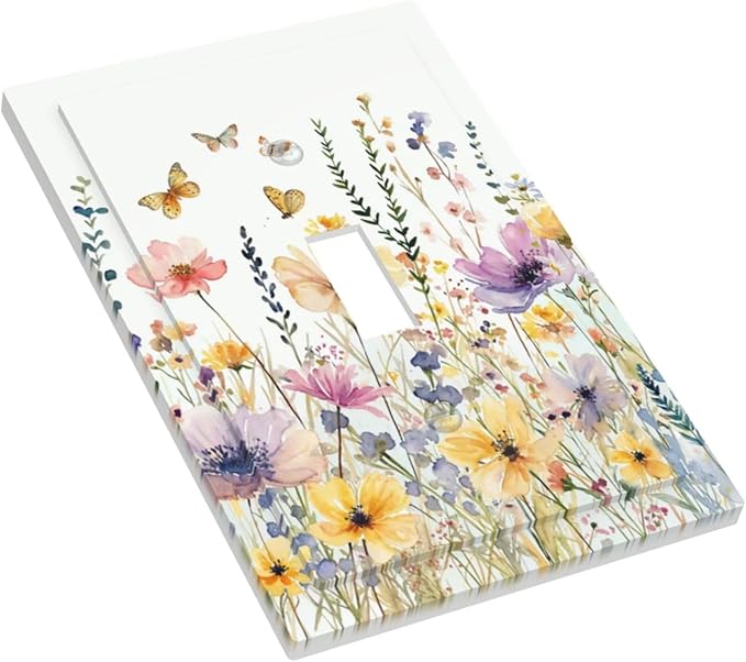Wildflowers Colorful Flower Butterfly Floral Decorative Light Switch Cover 1 Gang Single Toggle Device Electrical Faceplate Switchplates Decorator Outlet Wall Plate for Farmhouse Bedroom Decor