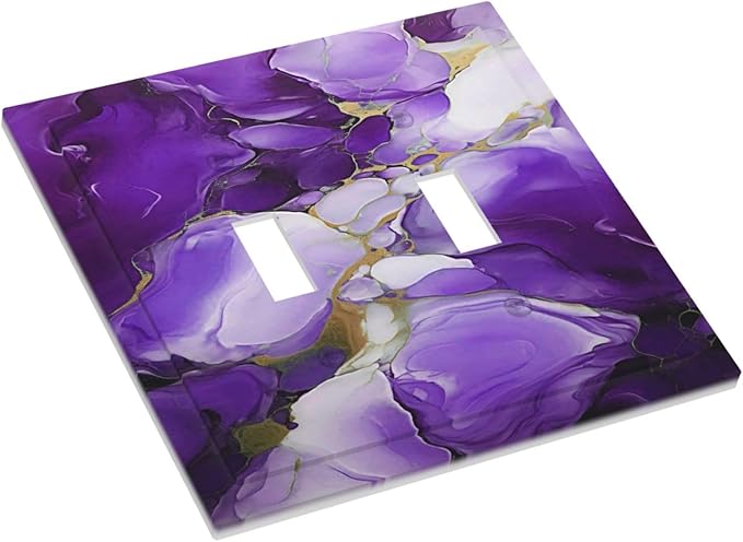 Decorative Light Switch Cover Abstract Luxury Purple Gold Marble Textures 2 Gang Wall Plate Oversized Double Toggle Two Switch Wall Cover Dual Device Electrical Face Plate