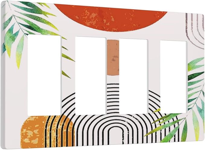Red/Orange Abstract Art Boho Sun Mid Century 4 Gang Screwless Quad Decorator Wall Plate 60S 70s Geometric Electrical Quadruple Device Rocker/Gfci Dimmer Receptacle Outlet Light Switch Cover Face Plate