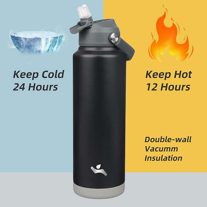 Konokyo Insulated Water Bottle with Straw Lid,40 oz Stainless Steel Vacuum Metal Bottle with Silicone Handle,Black