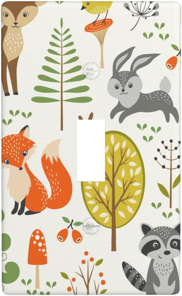 Woodland Forest Animals 1-Gang Toggle Light Switch Plate, Forest Mushroom Wall Plate for Nursery, Kids Room, Playroom & Cabin