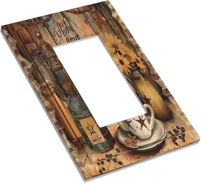 Decorative Outlet Covers Vintage Coffee Pot Star Farmhouse Wood Plank 1 Gang Single Decora GFCI Device Light Switch Cover Plate 1 Rocker Wall Plate Jumbo Switch Plate Cover