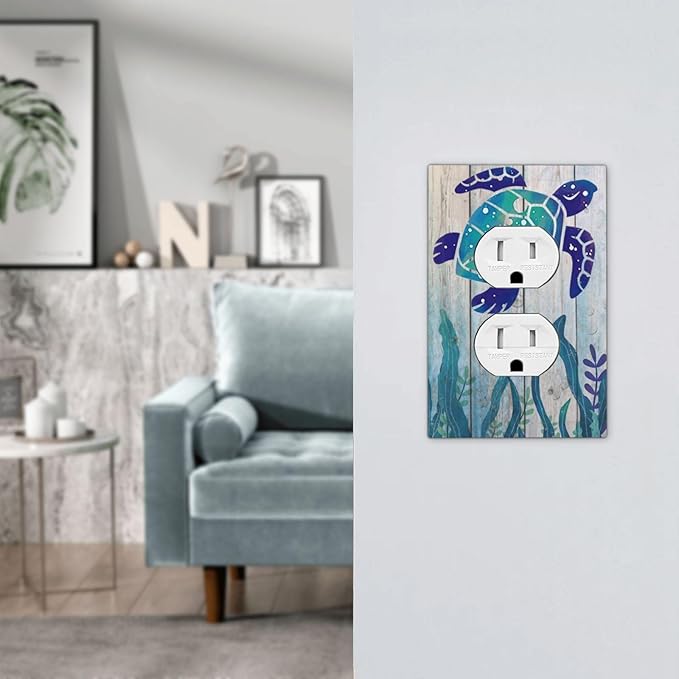 Sea Turtle Grass Seaweed on Rustic Wooden Board 1 Gang Duplex Outlet Covers Light Switch Cover Decorative Electrical Switchplate Ocean Grass Seaweed Faceplate for Bathroom Bedroom Home Decor