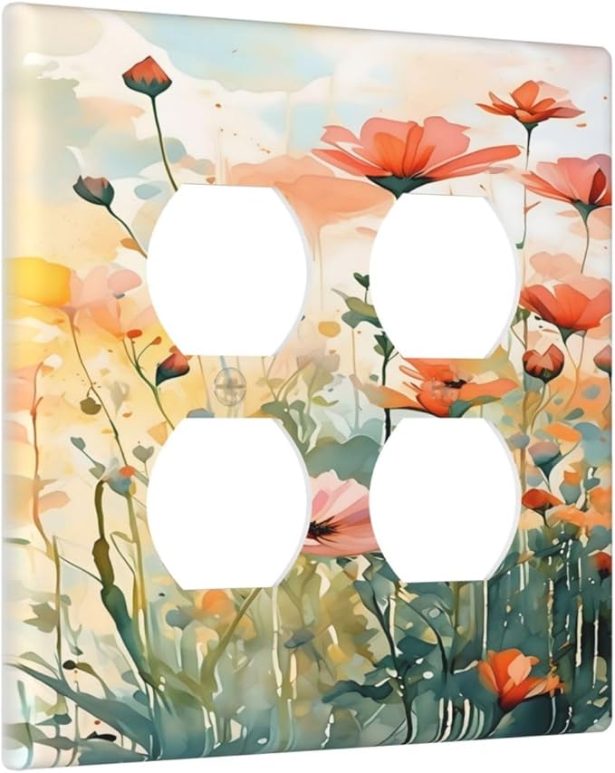 Vintage Red Orange Yellow Poppy Floral Flowers Outlet Covers 2 Gang Double Duplex Decorative Light Switch Covers Electrical Wallplates Socket Faceplate for Bedroom Living Room Decor