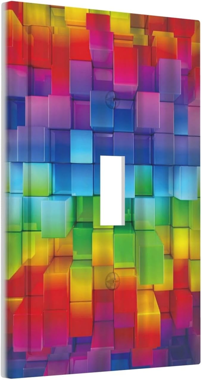 3D Colorful Rainbow Wall Abstract Squre Shaped 1 Gang Light Switch Covers Decorative Unique Single Toggle Wall Plate Switchcover Electrical Switchplate for Kitchen Bathroom Bedroom Decor