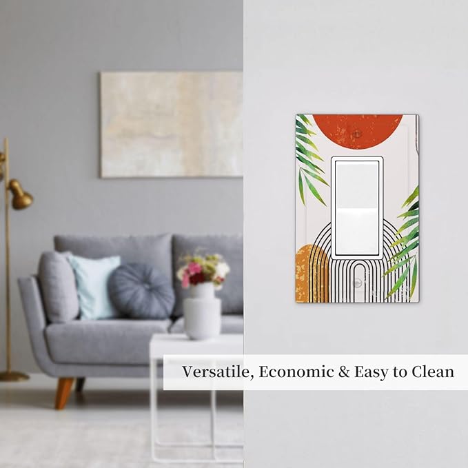 Abstract Boho Modern Mid Century Bohemian Sun 1-Gang Decorator Rocker Outlet Light Switch Cover Orange Minimalist Arch Leaf Decorative Single Device GFCI Receptacle Switch Wall Plate Dimmer Mid Size