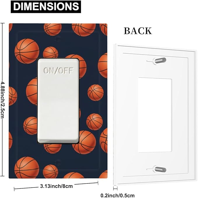 Basketball Single Rocker Switch Cover - 1-Gang Standard US Size Sports Design Navy Blue Light Switch Covers, Vintage Basketball for Boys Room