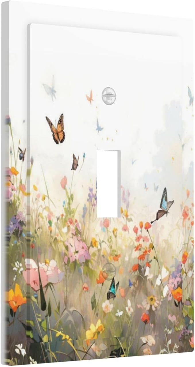 Wildflowers Watercolor Floral Colorful Butterfly Decorative Light Switch Cover 1 Gang Single Toggle Device Electrical Faceplate Switchplates Decorator Outlet Wall Plate for Farmhouse Bed Room Decor