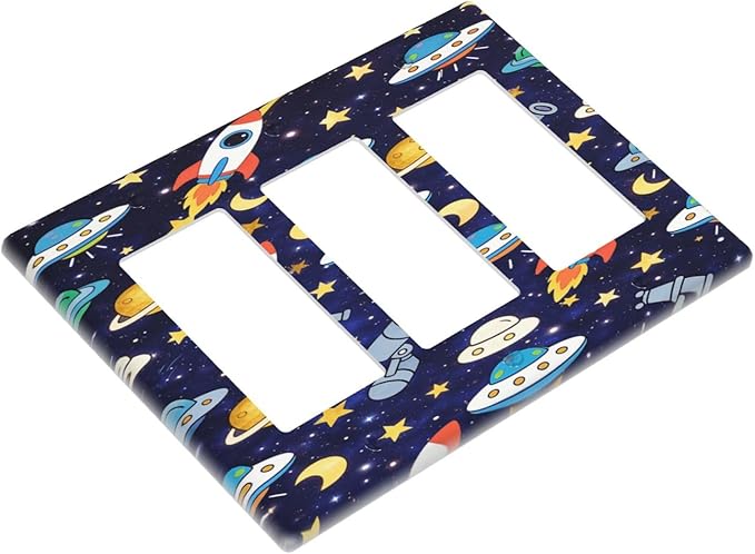 Decorative Outlet Covers Navy Blue Space-themed Rocket Spaceship 3 Gang Light Switch Cover Plate Triple Rocker Wall Plates for Electrical Switch Plate Covers for Children's Room Decor