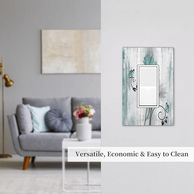 Teal Daisy Vintage Flower Butterfly Rustic Wood Print Decorative Outlet Covers 1 Gang Single Rocker Light Switch Cover Plate Wall Plates GFCI Faceplate for Farmhouse Home Decor