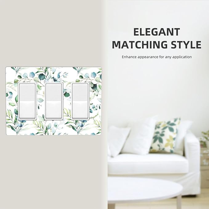 Decorative Eucalyptus Leaves Triple Decorator Light Switch Cover 3-Gang Screwless, Spring Summer Olive Green Sage Leaf Three Gang GFCI/Rocker Device Wallplate Electrical Faceplate Switchplate Dimmer