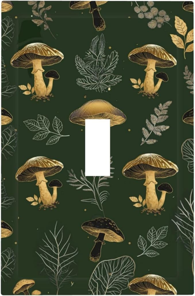Decorative Light Switch Cover Plate Cute Gold Mushtroom Green Plant Leaf 1 Gang Single Toggle Wall Plates for Electrical Outlet Covers Switch Plate Covers Faceplate for Bedroom Decor