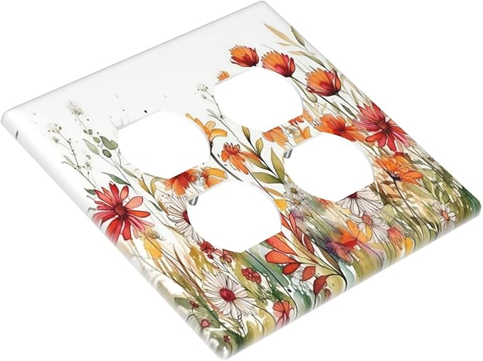 Watercolor Wild Flower Floral Daisy Plant Outlet Covers 2 Gang Double Duplex Decorative Light Switch Covers Electrical Wallplates Socket Faceplate for Bedroom Living Room Decor