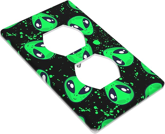 Alien Pattern 1-Gang Duplex Wall Plate, Green Black Alien Outlet Cover Decorative Faceplate for Boys Kids Room, Playroom & Game Room