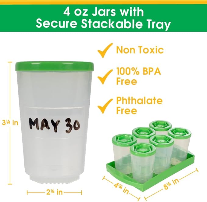 Baby Food Storage Containers with Write What You Want Lids, 6 Pack - 4oz Reusable, Stackable, Leakproof Plastic Jars w Tray- Freezer, Microwave & Dishwasher Safe-BPA/PVC Free, Safe Babyfood, Gift