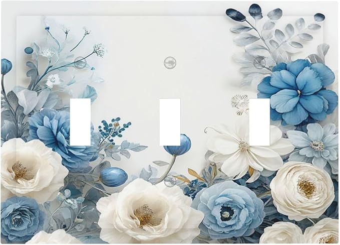 Decorative Light Switch Cover Blue Rose White Flowers Rustic Floral 3 Gang Wall Plate Oversized Triple Toggle Switch Cover Jumbo Electrical Face Plate for Home Decor