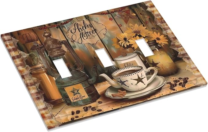 Decorative Switch Plate Covers Vintage Coffee Pot Star Farmhouse Wood Plank 3 Gang Wall Plate Light Switch Cover Plate Triple Toggle Jumbo Electrical Faceplate for Bedroom Kitchen Decor