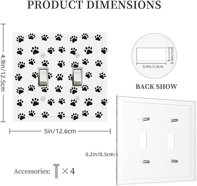 Black and White Dog Paw Print Double Toggle Switch Cover - 2-Gang Standard US Size Puppy Paws Pattern Light Switch Covers for Pet Lover's Home Decor