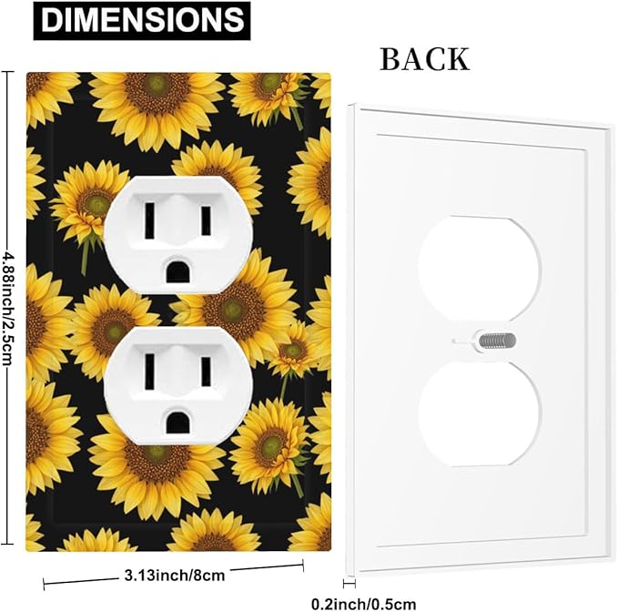 Sunflower Fields Duplex Wall Plate - 1-Gang Standard US Size Vibrant Sunflower on Black Outlet Covers, Boho Sunny Garden for Bedroom Decor