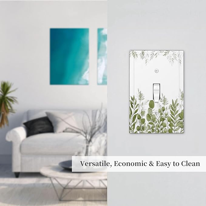 Green Eucalyptus Plant Leaves Vine Decorative Light Switch Cover 1 Gang Single Toggle Device Electrical Faceplate Switchplates Decorator Outlet Wall Plate for Bed Room Living Room Decor