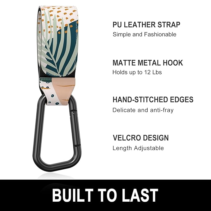Baby Stroller Hooks for Hanging Bags, Universal Stroller Clips Accessories, Mommy Hook for Diaper Bag, Shopping Cart, Purse, Backpack - 2 Pack, Abstract Leaf