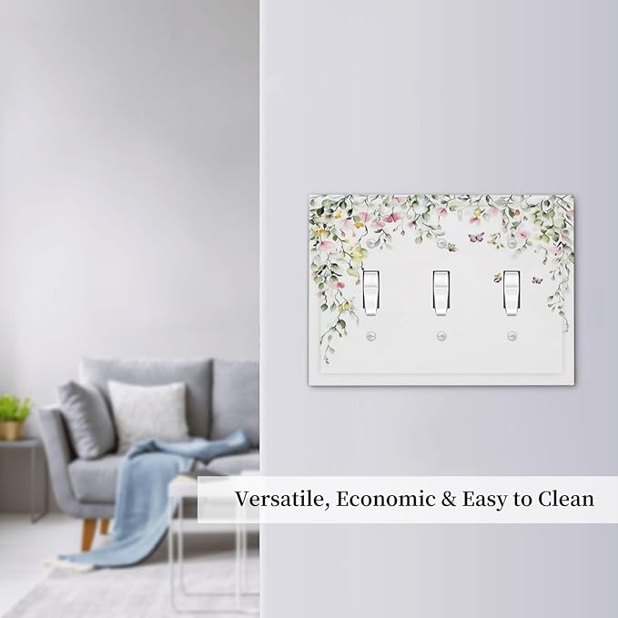Watercolor Flowers Vine Colorful Butterfly Floral Decorative Switch Plates 3 Gang Wall Plate Triple Toggle Light Switch Cover Faceplate Electrical Wall Panels For Bed Room Living Room Decor