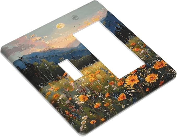 Sunset Wild Flower Field Floral Nature Landscape Outlet Covers 1 Toggle 1 Rocker Combination Decorative Wall Plate Electrical Switch Plates Light Switch Cover Plate for Farmhouse Bedroom Decor