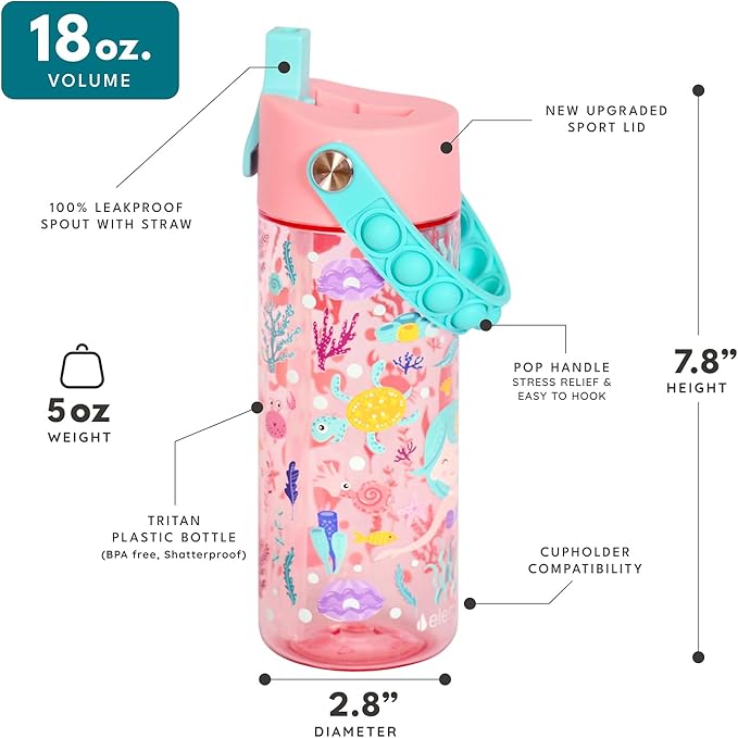 Elemental Water Bottles for Kids - Splash Kids Water Bottle for School with Pop-it Handle - BPA Free Tritan Plastic Water Bottle with Straw Leak Proof when Spout is Closed - Mermaid Rose - 18oz