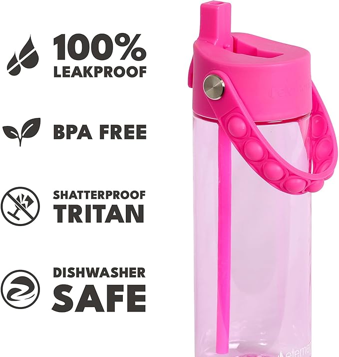 Elemental Water Bottles for Kids - Splash Kids Water Bottle for School with Pop-it Handle - BPA Free Tritan Plastic Water Bottle with Straw Leak Proof when Spout is Closed - Hot Pink - 18oz