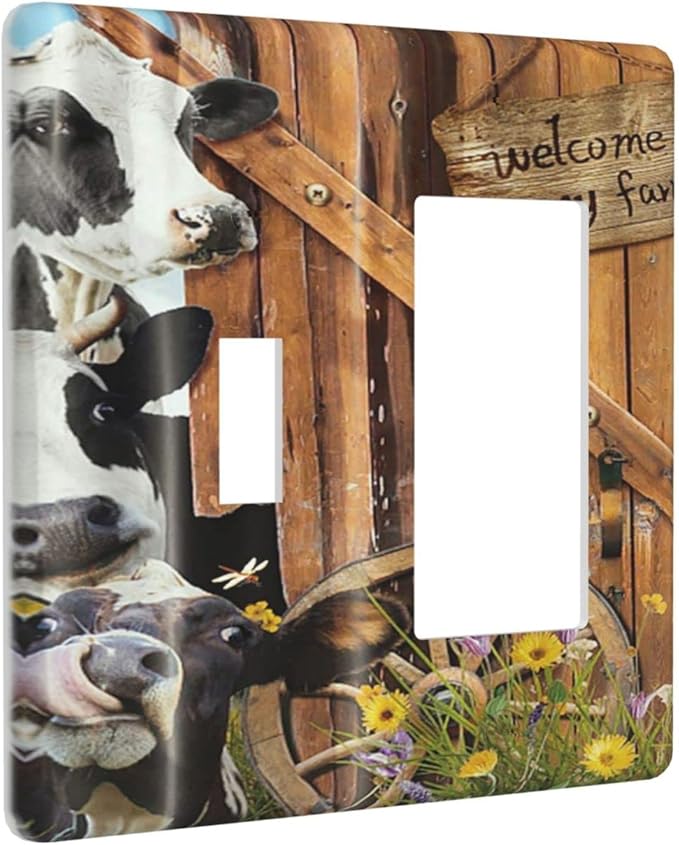 Decorative Switch Plate Covers Farm Cow Farmhouse Barn Door Rustic Vintage Wooden 2 Gang 1 Gang Single Toggle Rocker Device Combination Light Switch Cover Wall Plate Electrical Faceplate